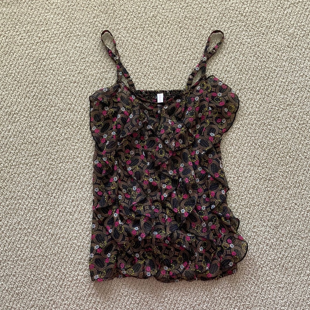 Xhilaration Ruffled Floral Tank Top Semi Sheer Smocked Like New XS Black